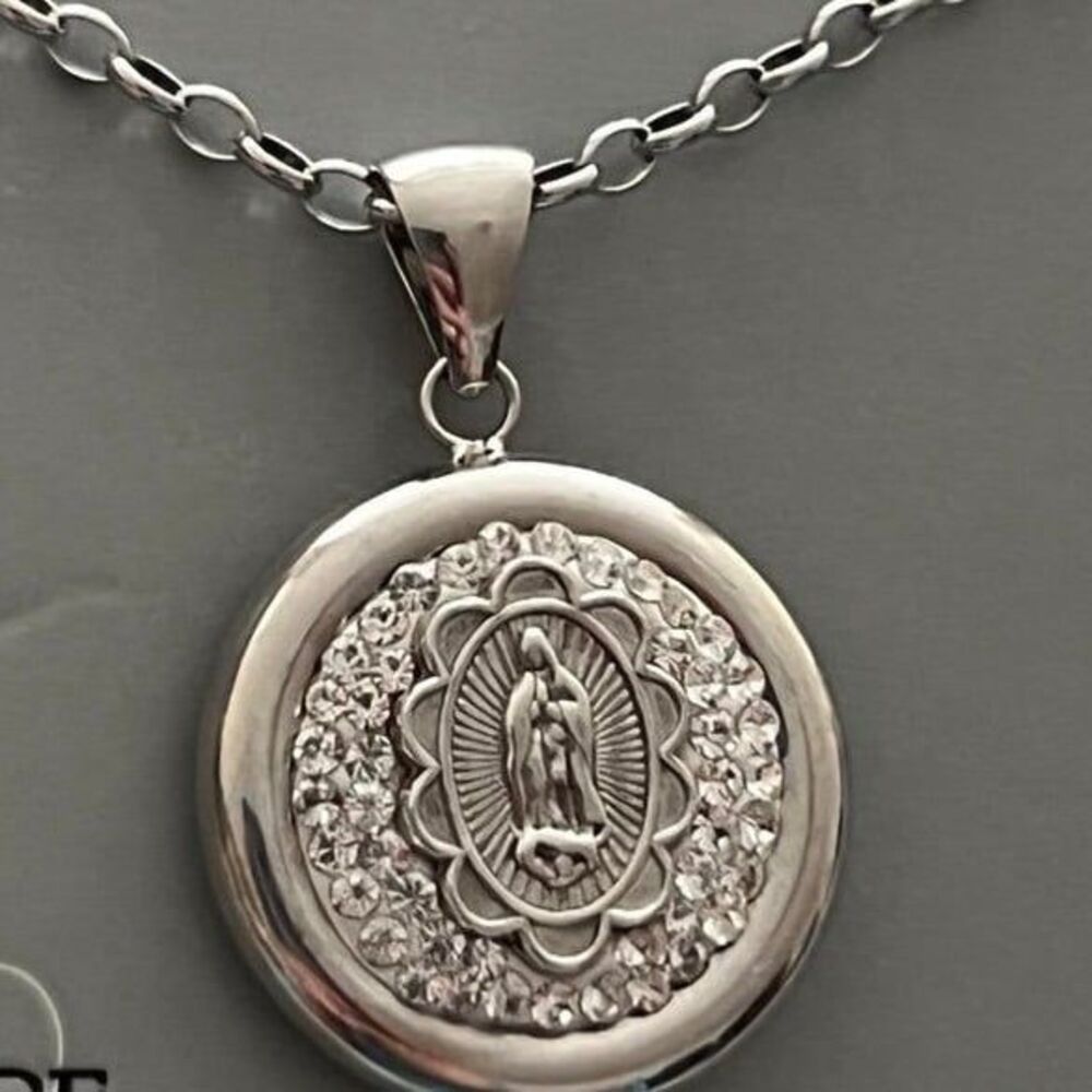 Sterling Silver 925 Virgin Mary pendant necklace with crystal details new